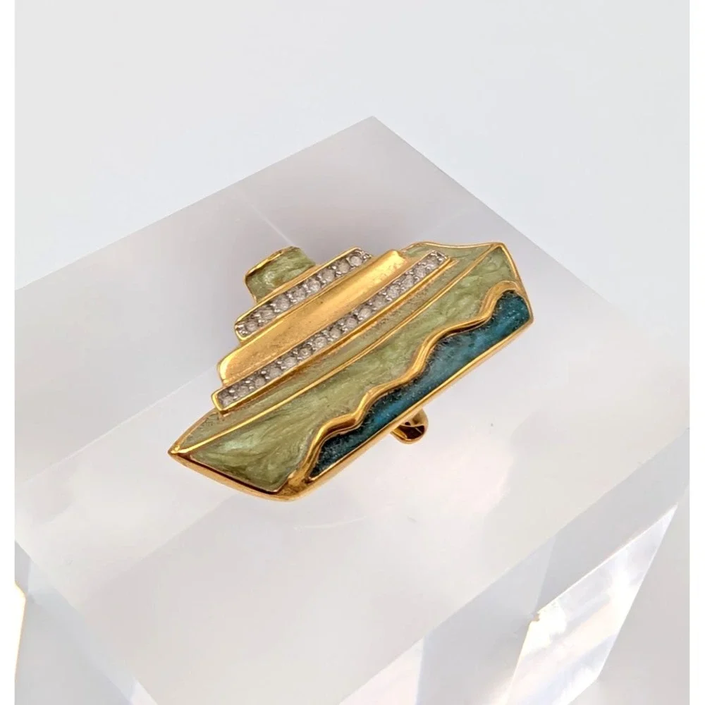 VTG Swarovski Cruise Ship Boat‎ Pin Brooch Pave Gold Tone Nautical Ocean Liner